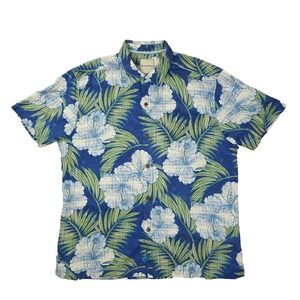 Tommy Bahama Silk Button Up Shirt Men's XL Blue Floral Hawaiian Short Sleeve